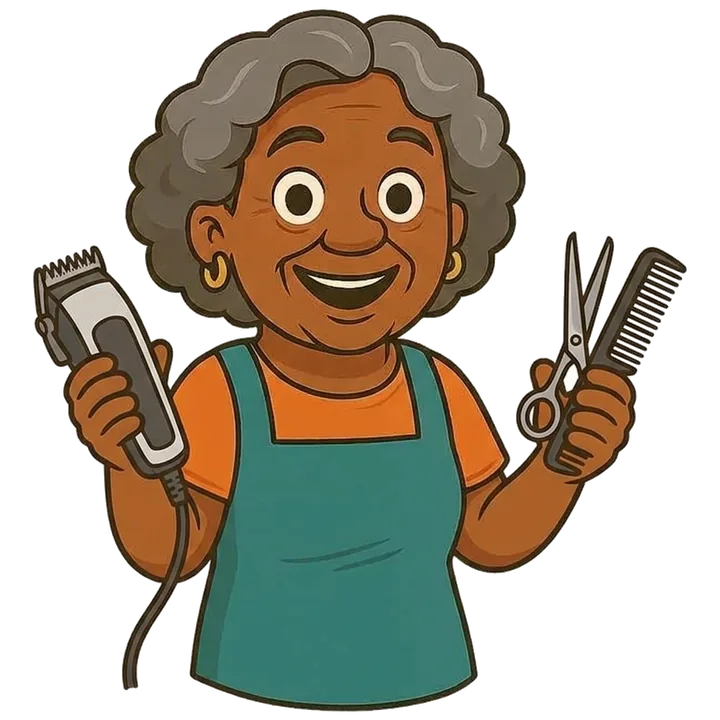 Dona Joh segurando uma máquina de corte e uma tesoura de barbeiro