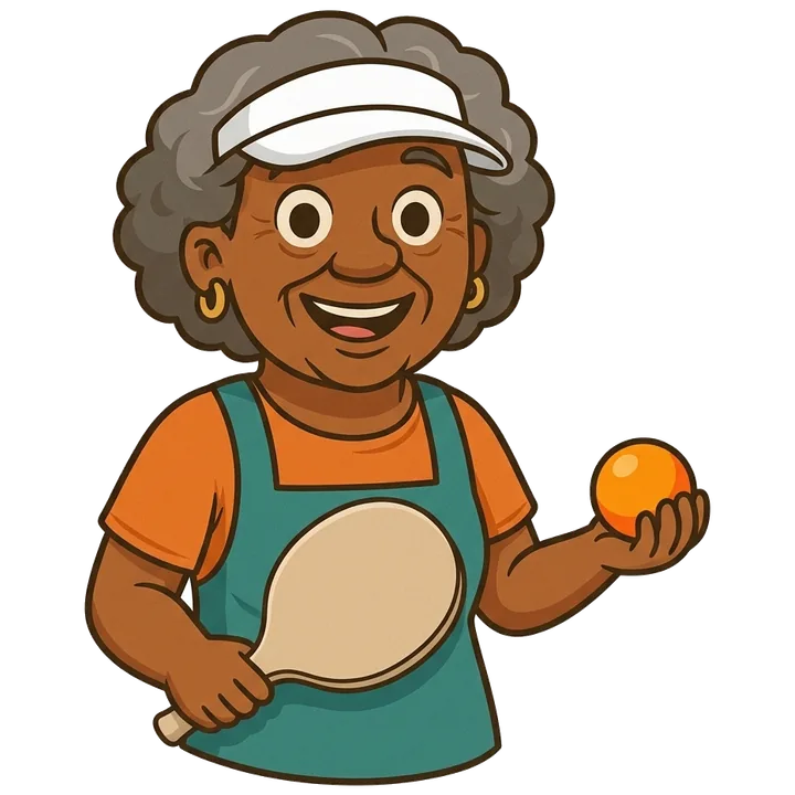 Dona Joh segurando uma raquete de beach tênis e uma bolinha