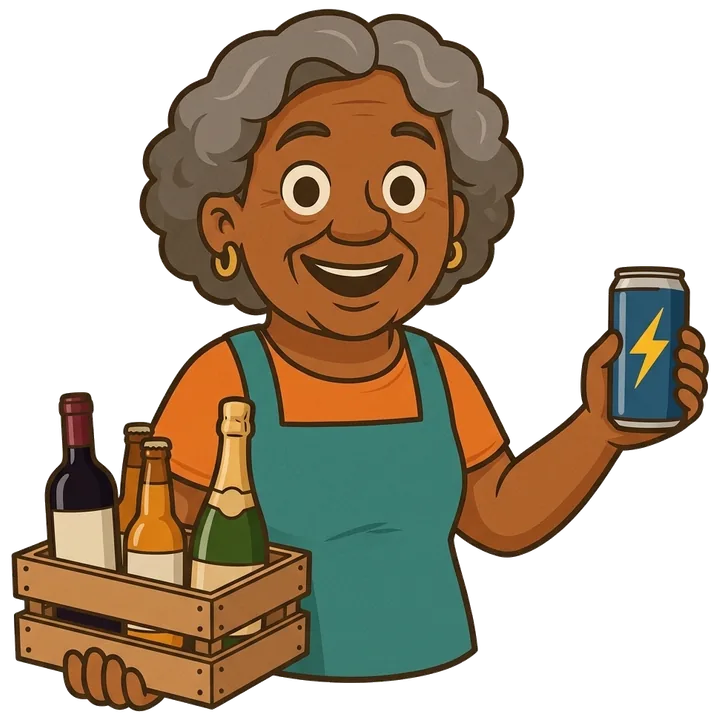 Dona Joh segurando um engradado de bebidas e uma lata de energético