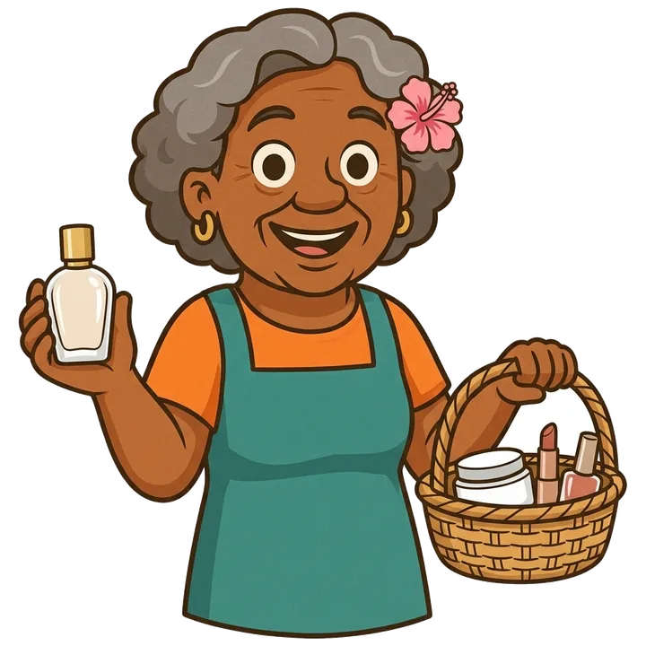 Dona Joh segurando perfume e produtos de beleza
