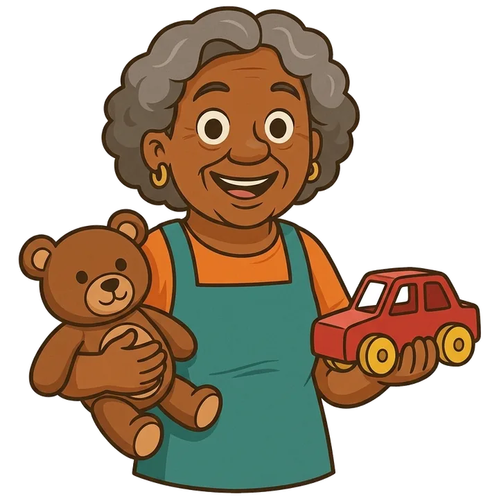 Dona Joh segurando um urso de pelúcia e um carrinho de brinquedo