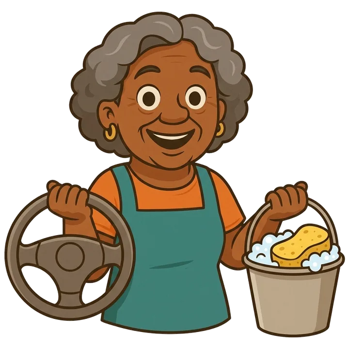 Dona Joh segurando um volante e um balde de lavagem