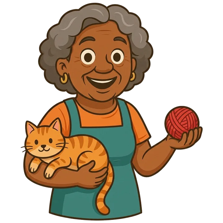 Dona Joh segurando um gato e um novelo de lã