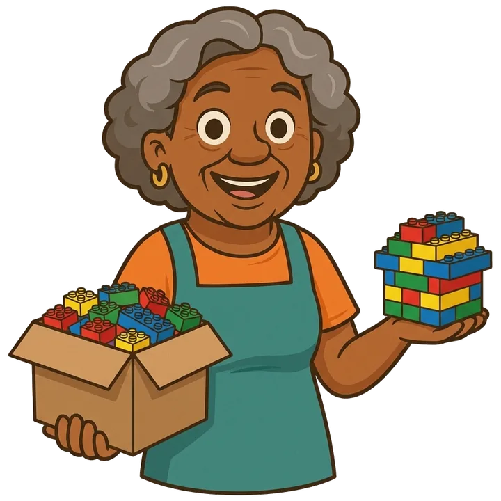 Dona Joh segurando uma caixa de blocos de montar