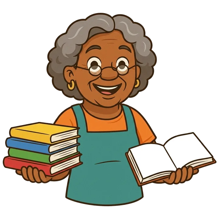Dona Joh segurando uma pilha de livros