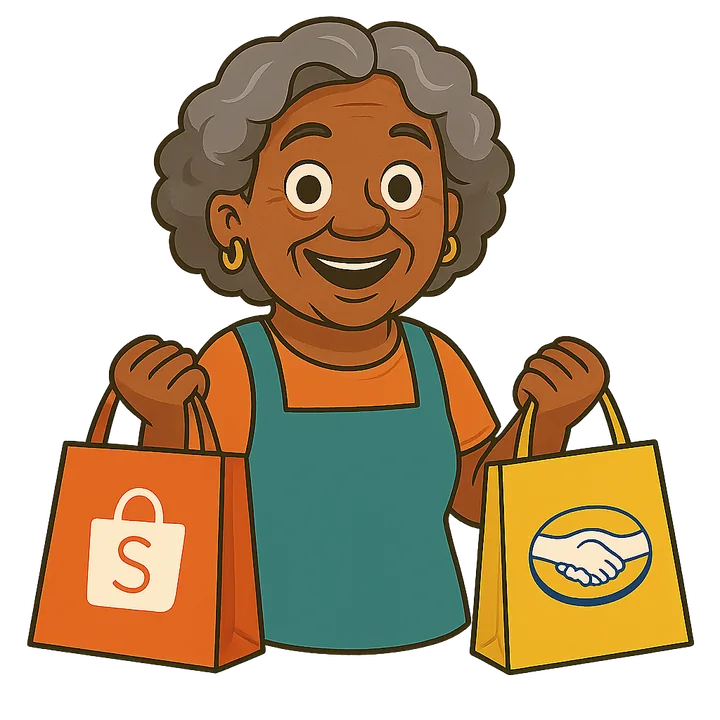 Dona Joh segurando sacolas de compras