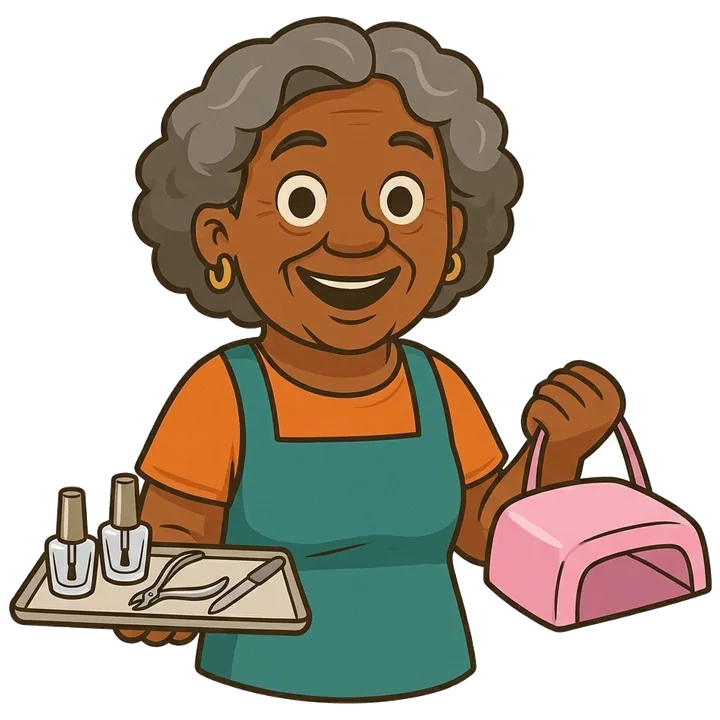 Dona Joh segurando uma bandeja de esmaltes e uma cabine de LED