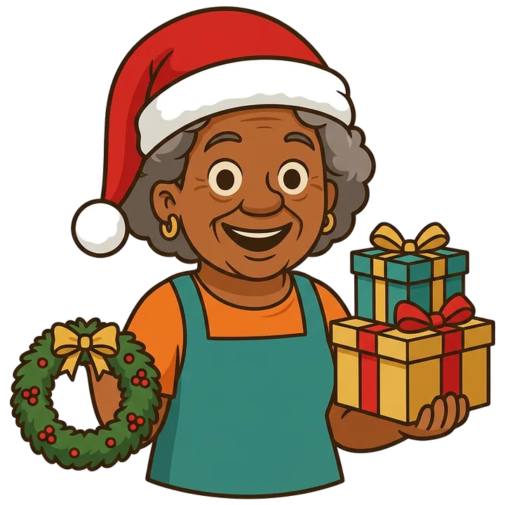 Dona Joh ao lado de uma árvore de Natal com caixas de presente