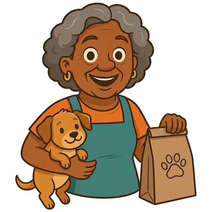Dona Joh segurando um cachorrinho e um saco de ração